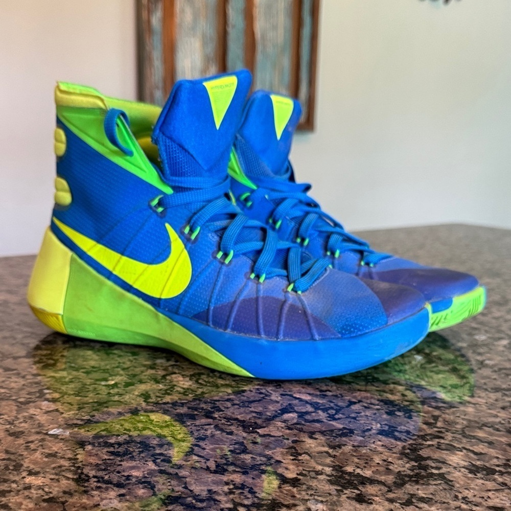 Nike 2015 Hyperdunk Zoom Blue and Neon Green High-Top Sneakers EUC 10.5